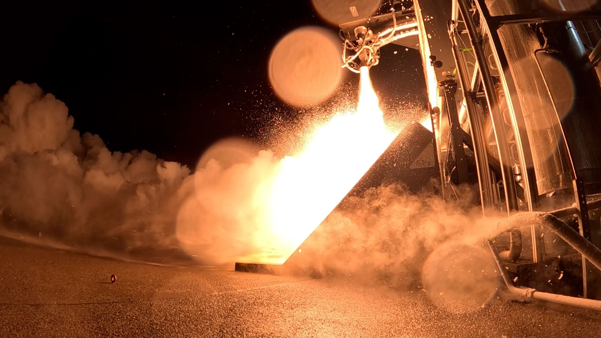 Rocket engine firing test at SaxaVord Spaceport at night